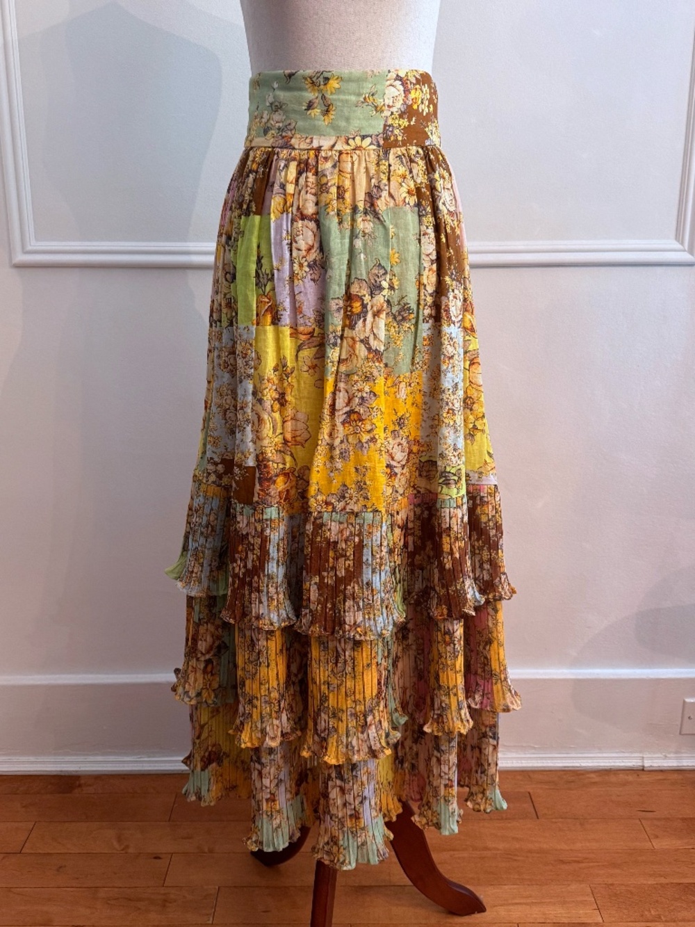Alemais Boho Patchwork Floral Print Linen Tiered Pleated Maxi Skirt Sz 6